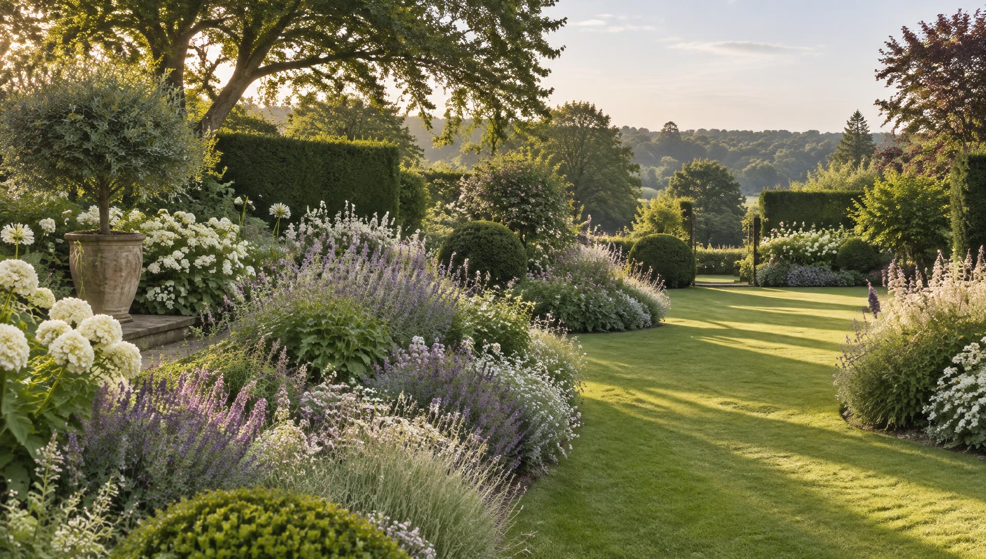 An elegant English garden with generous borders and a sweeping lawn